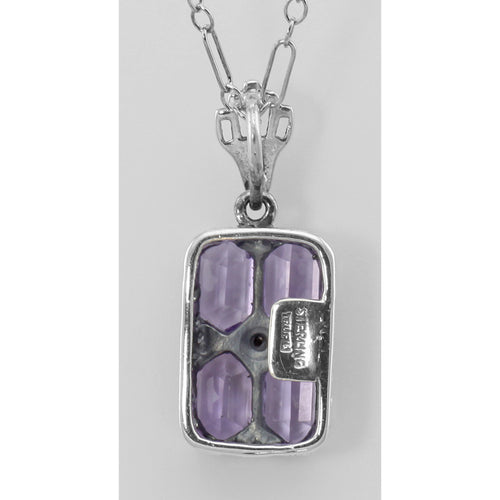 Back view of Art Deco Amethyst Filigree Diamond Pendant / 18 Chain Sterling Silver showing 925 sterling silver hallmark and s