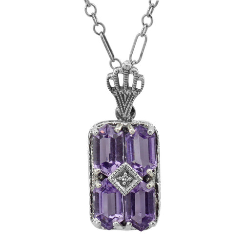 Art Deco style, Amethyst, Diamond, sterling silver pendants, front view