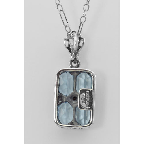 Back view of Art Deco Blue Topaz Filigree Diamond Pendant 18 Chain Sterling Silver showing 925 sterling silver hallmark and s