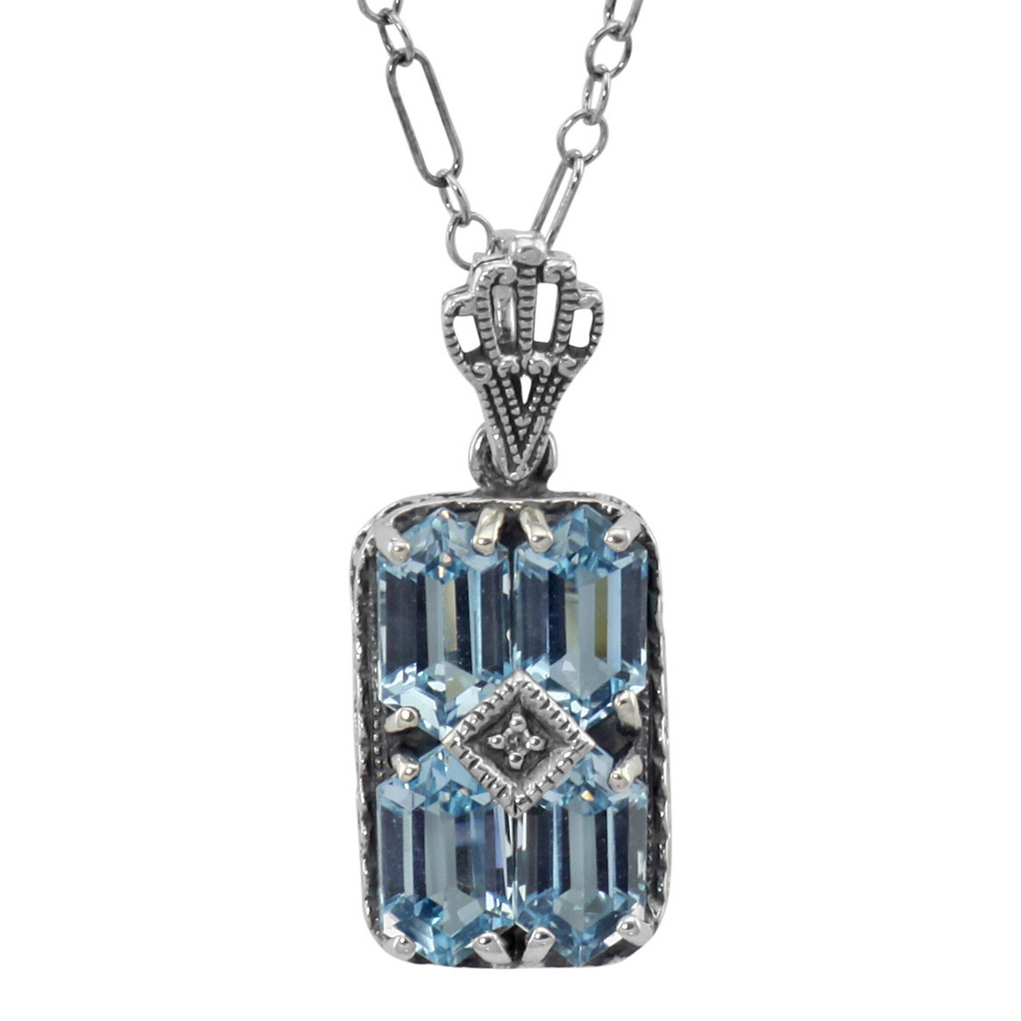Art Deco style, Blue Topaz, Diamond, sterling silver pendants, front view