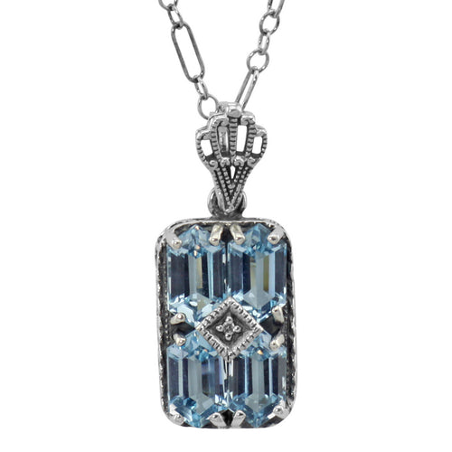 Art Deco style, Blue Topaz, Diamond, sterling silver pendants, front view