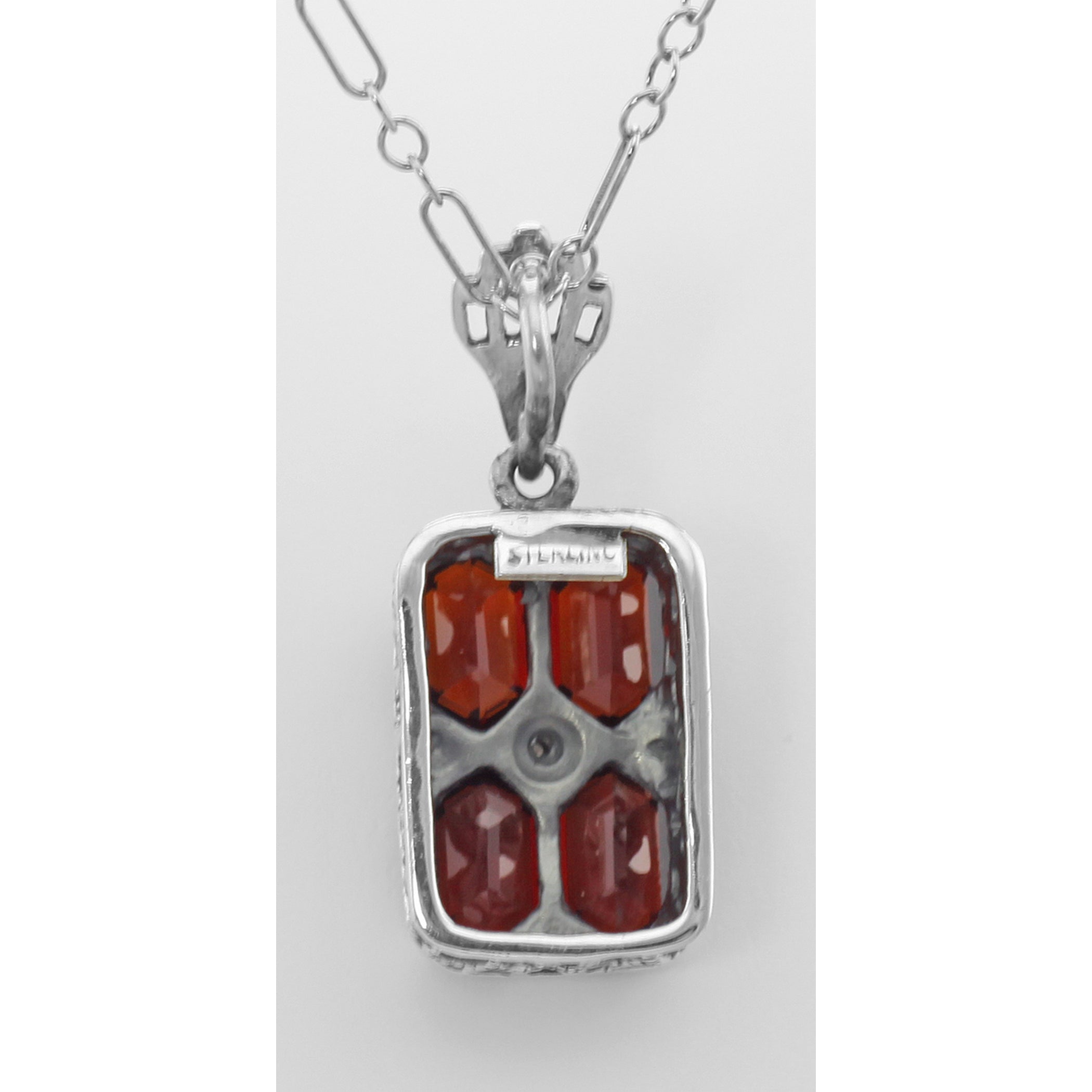 Back view of Art Deco Garnet Filigree Diamond Pendant 18 Chain showing 925 sterling silver hallmark and spring ring clasp