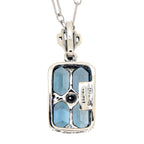 Back view of Art Deco London Blue Topaz Filigree Diamond Pendant 18 Chain Sterling Silver showing 925 sterling silver hallmar