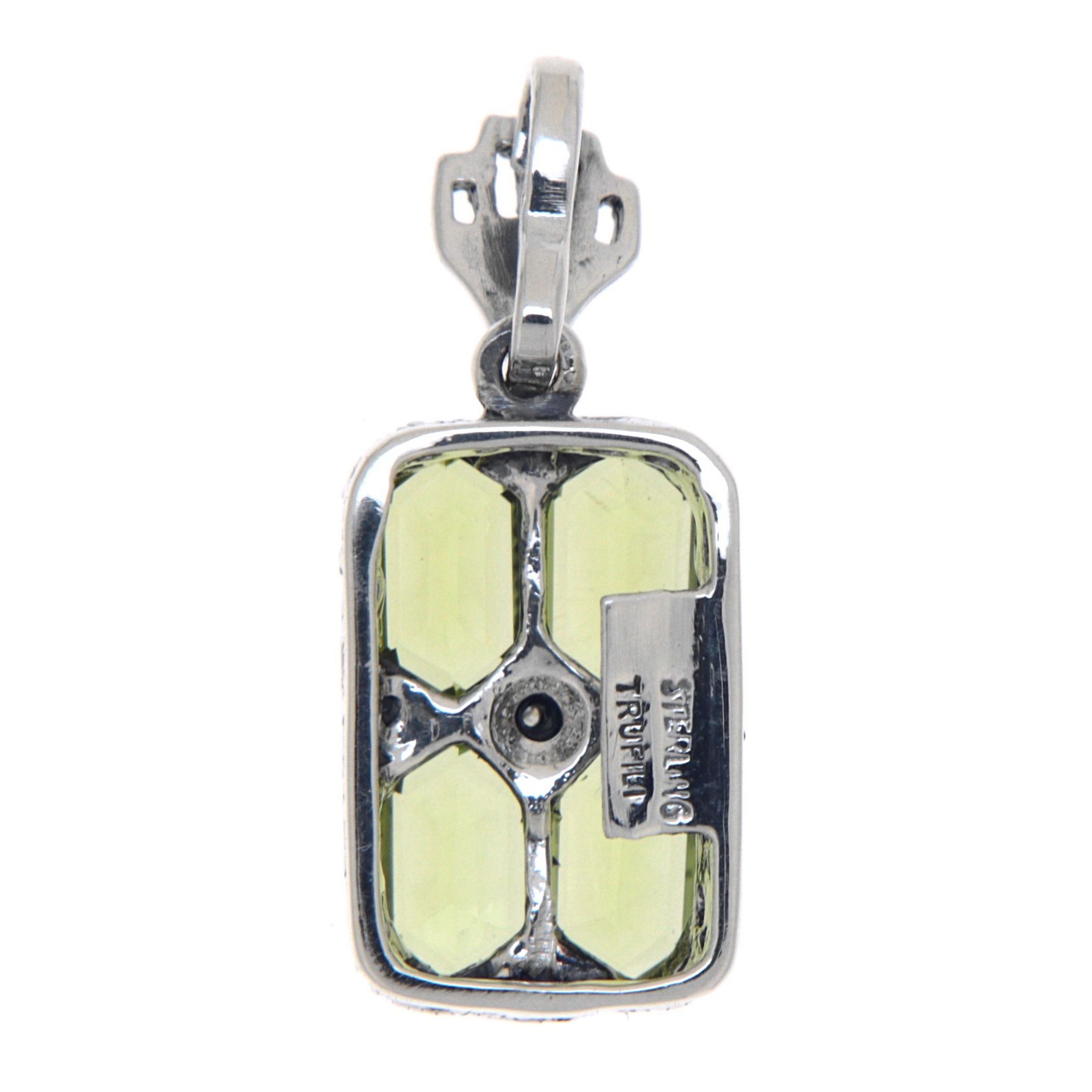 Back view of Art Deco Peridot Filigree Diamond Pendant w/ 18 Chain Sterling Silver showing 925 sterling silver hallmark and s