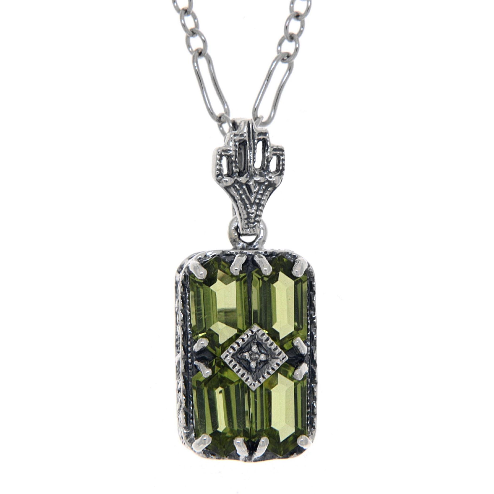 Art Deco style, Diamond, Peridot, sterling silver pendants, front view