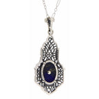 Back view of Art Deco Style Blue Lapis Diamond Pendant with Chain showing 925 sterling silver hallmark and spring ring clasp