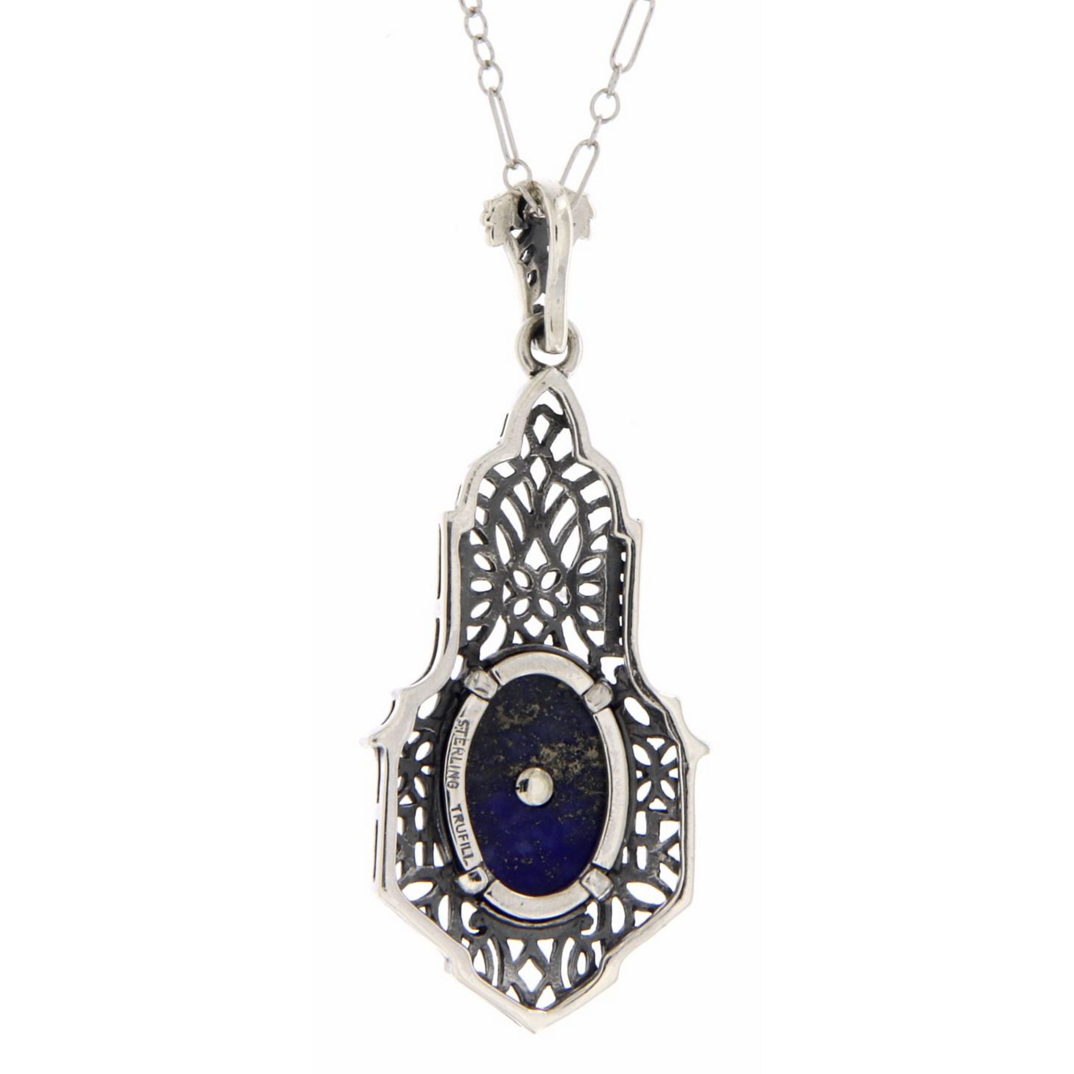 Back view of Art Deco Style Blue Lapis Diamond Pendant with Chain showing 925 sterling silver hallmark and spring ring clasp