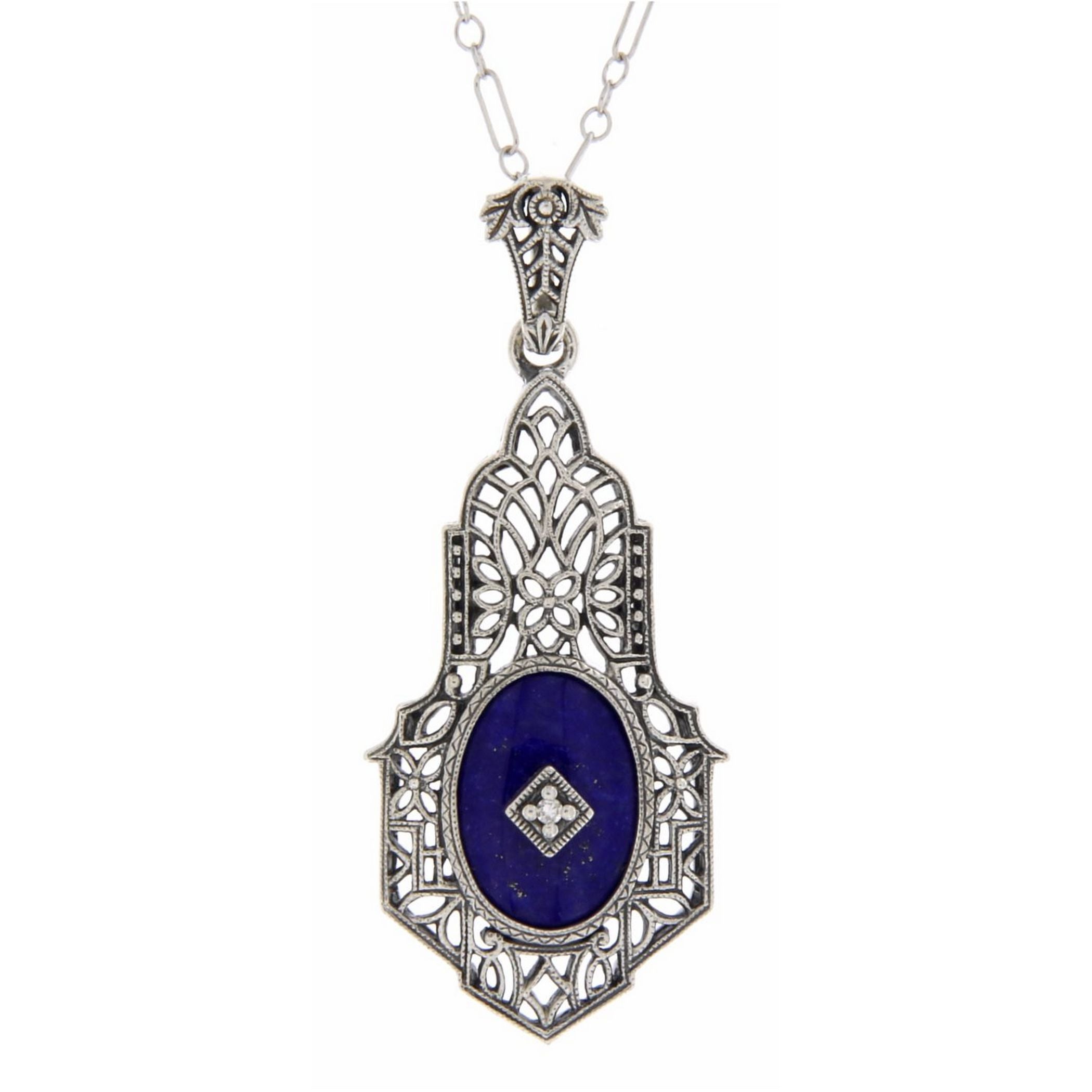 Art Deco style, Diamond, Lapis, sterling silver pendants, front view