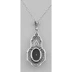Back view of Art Deco Style Black Onyx Diamond Pendant with Chain showing 925 sterling silver hallmark and spring ring clasp