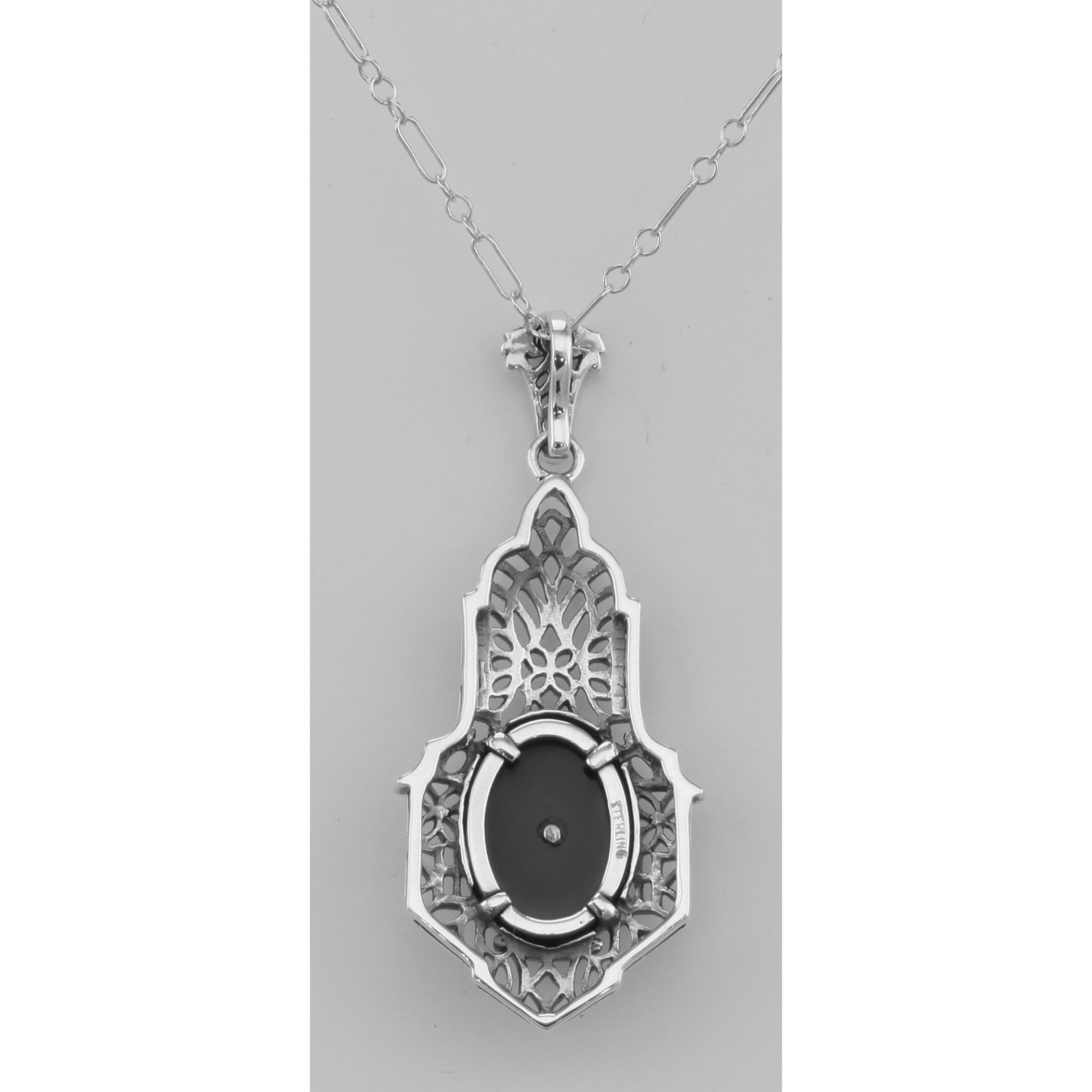 Back view of Art Deco Style Black Onyx Diamond Pendant with Chain showing 925 sterling silver hallmark and spring ring clasp