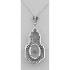 Back view of Sunray Camphor Glass Filigree Pendant w/ Diamond showing 925 sterling silver hallmark and spring ring clasp