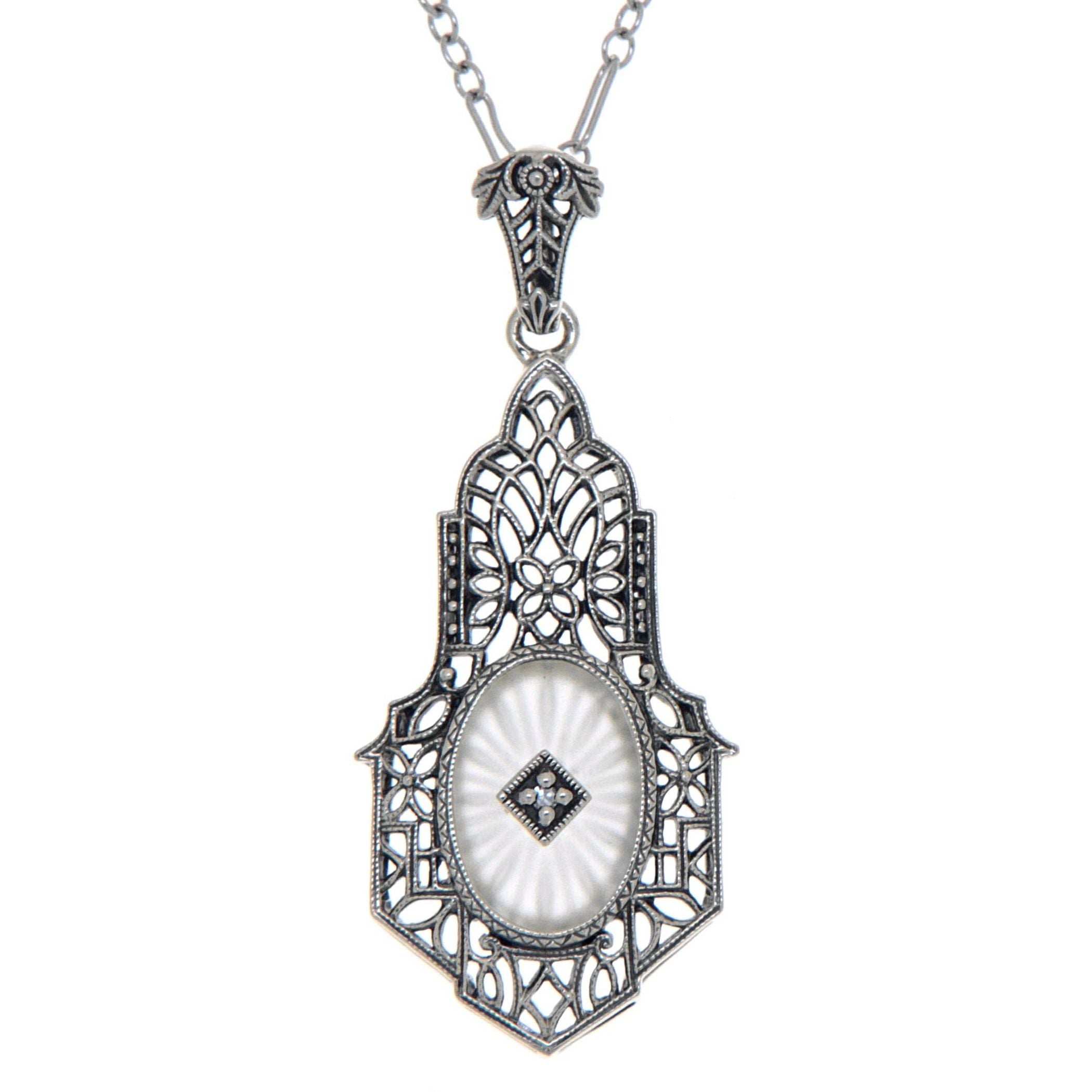 Filigree, Diamond, Camphor Glass, sterling silver pendants, front view