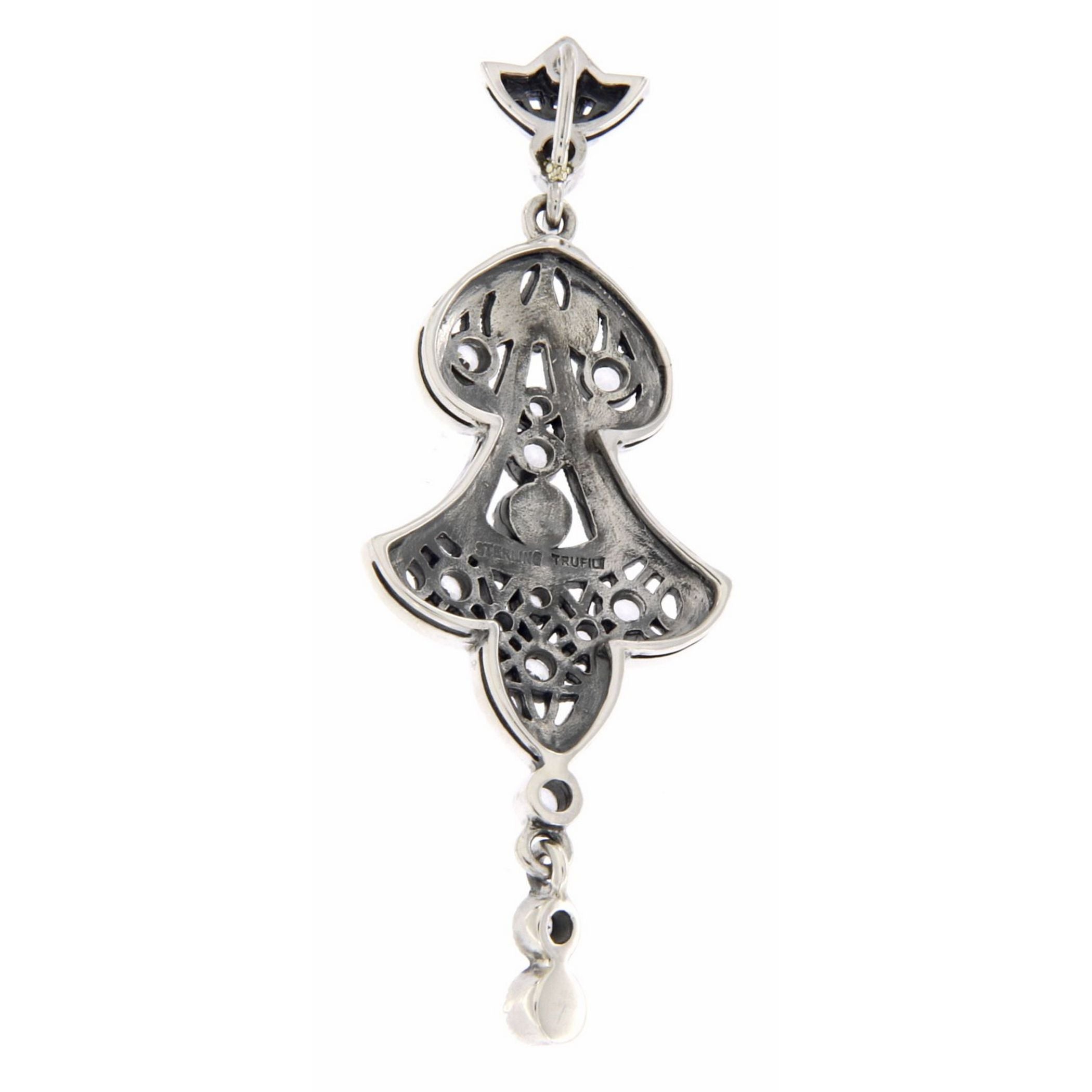 Back view of Filigree Fine White Topaz and Pearl Drop Pendant showing 925 sterling silver hallmark and French wire hooks