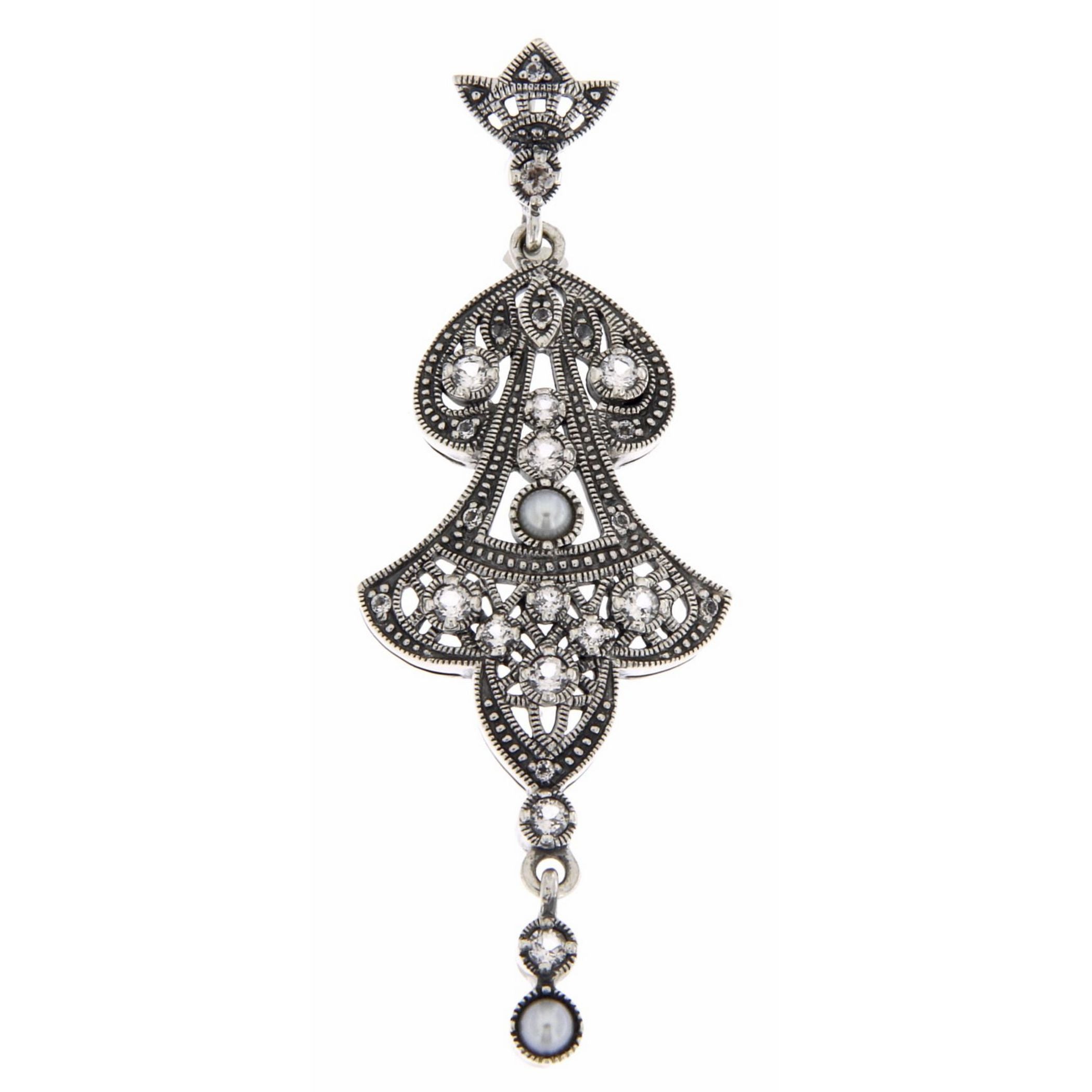 Filigree, White Topaz, Pearl, sterling silver pendants, front view