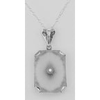Back view of Frosted Crystal Camphor Glass Filigree Diamond Pendant Sterling Silver showing 925 sterling silver hallmark and 