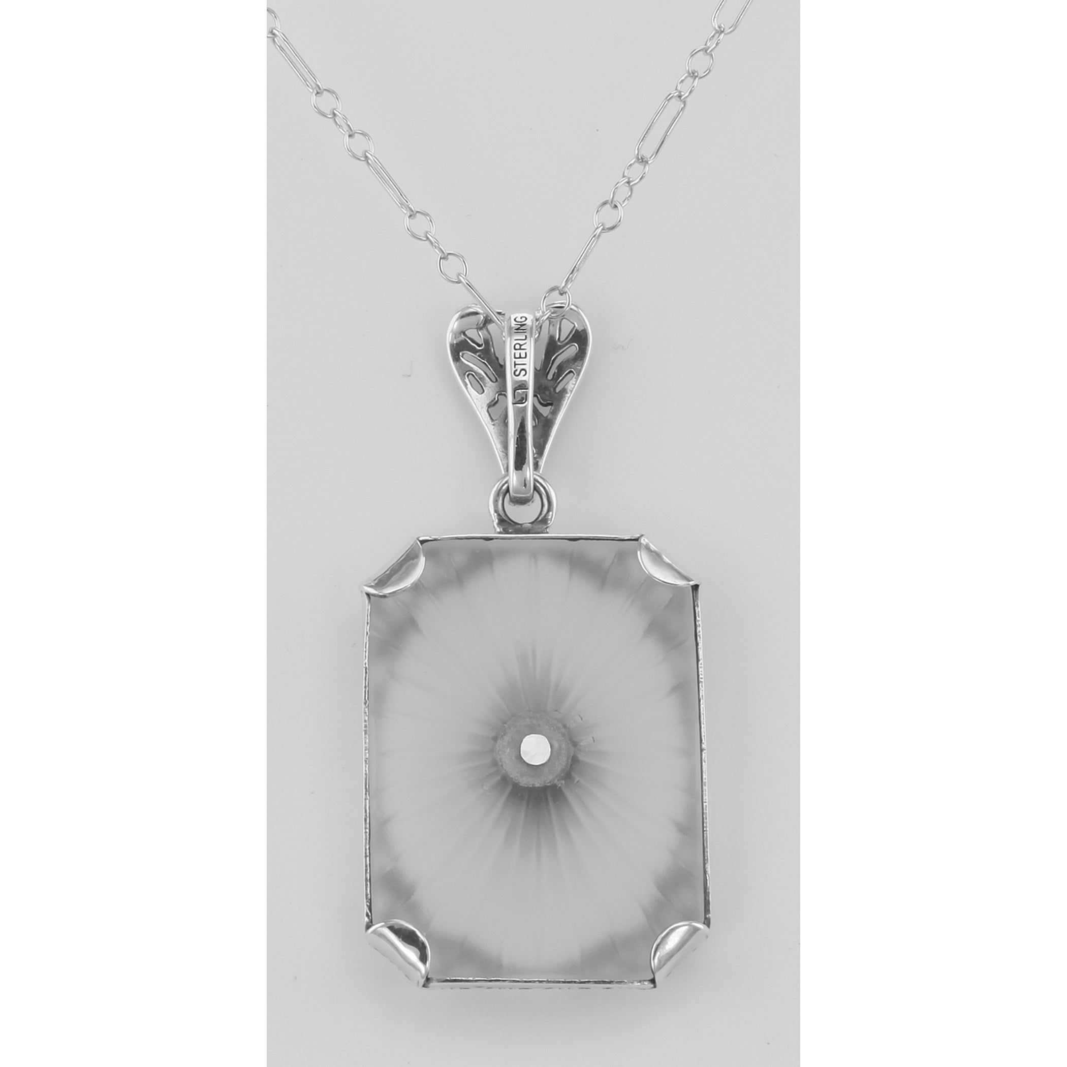 Back view of Frosted Crystal Camphor Glass Filigree Diamond Pendant Sterling Silver showing 925 sterling silver hallmark and 