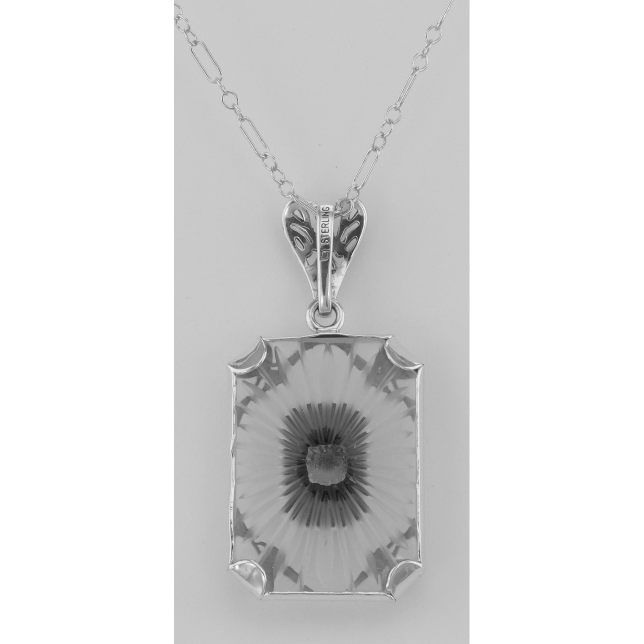 Back view of Crystal / Oynx Camphor Glass Filigree Diamond Pendant Sterling Silver showing 925 sterling silver hallmark and s