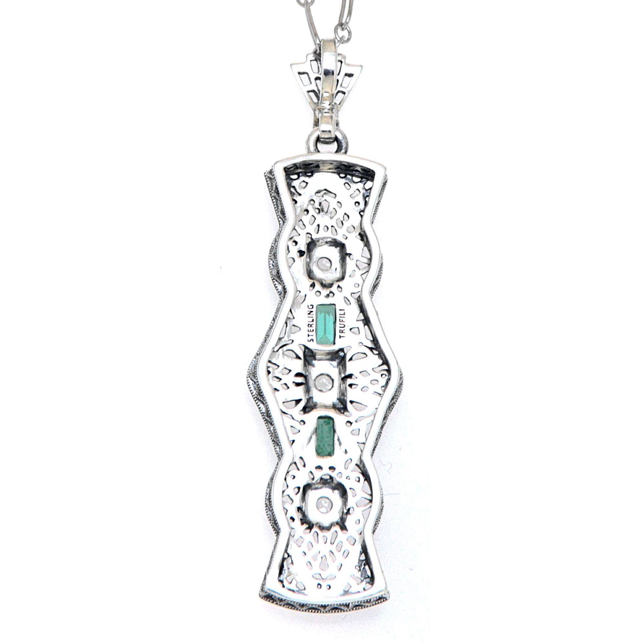 Back view of Art Deco Style Emerald and White Topaz Pendant - Sterling Silver with Chain showing 925 sterling silver hallmark