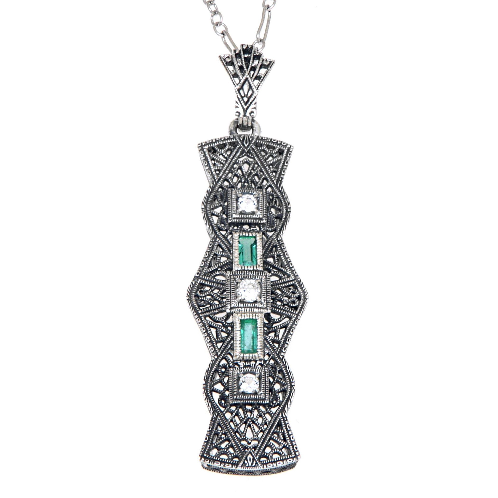 Art Deco style, White Topaz, Emerald, sterling silver pendants, front view