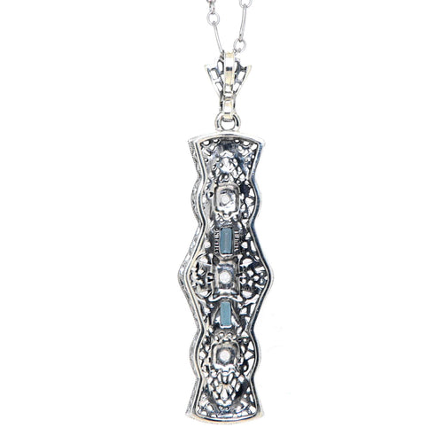 Back view of Art Deco London Blue Topaz and White Topaz Pendant - Sterling Silver with Chain showing 925 sterling silver hall
