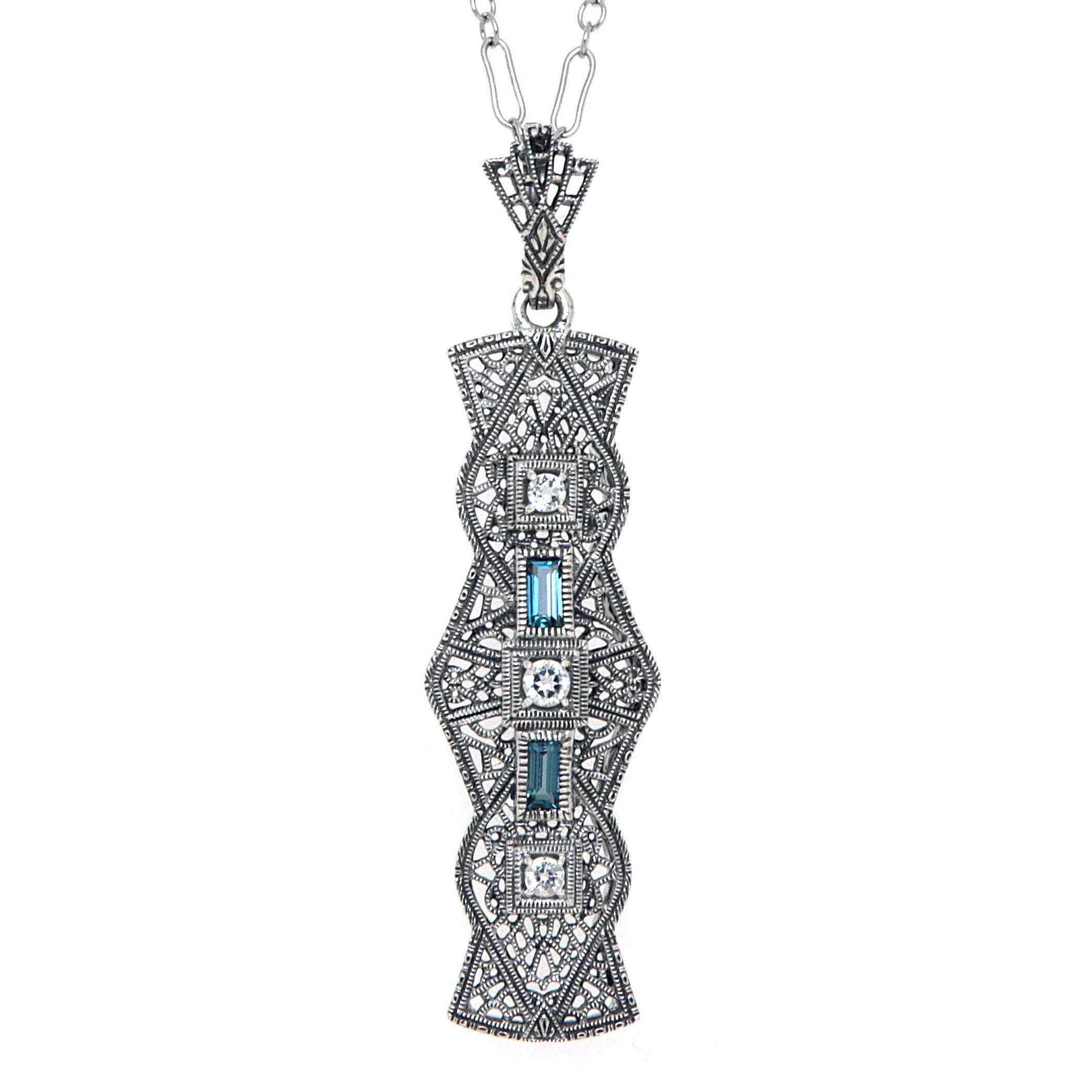 Art Deco style, Blue Topaz, London Blue Topaz, sterling silver pendants, front view