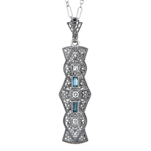 Art Deco style, Blue Topaz, London Blue Topaz, sterling silver pendants, front view