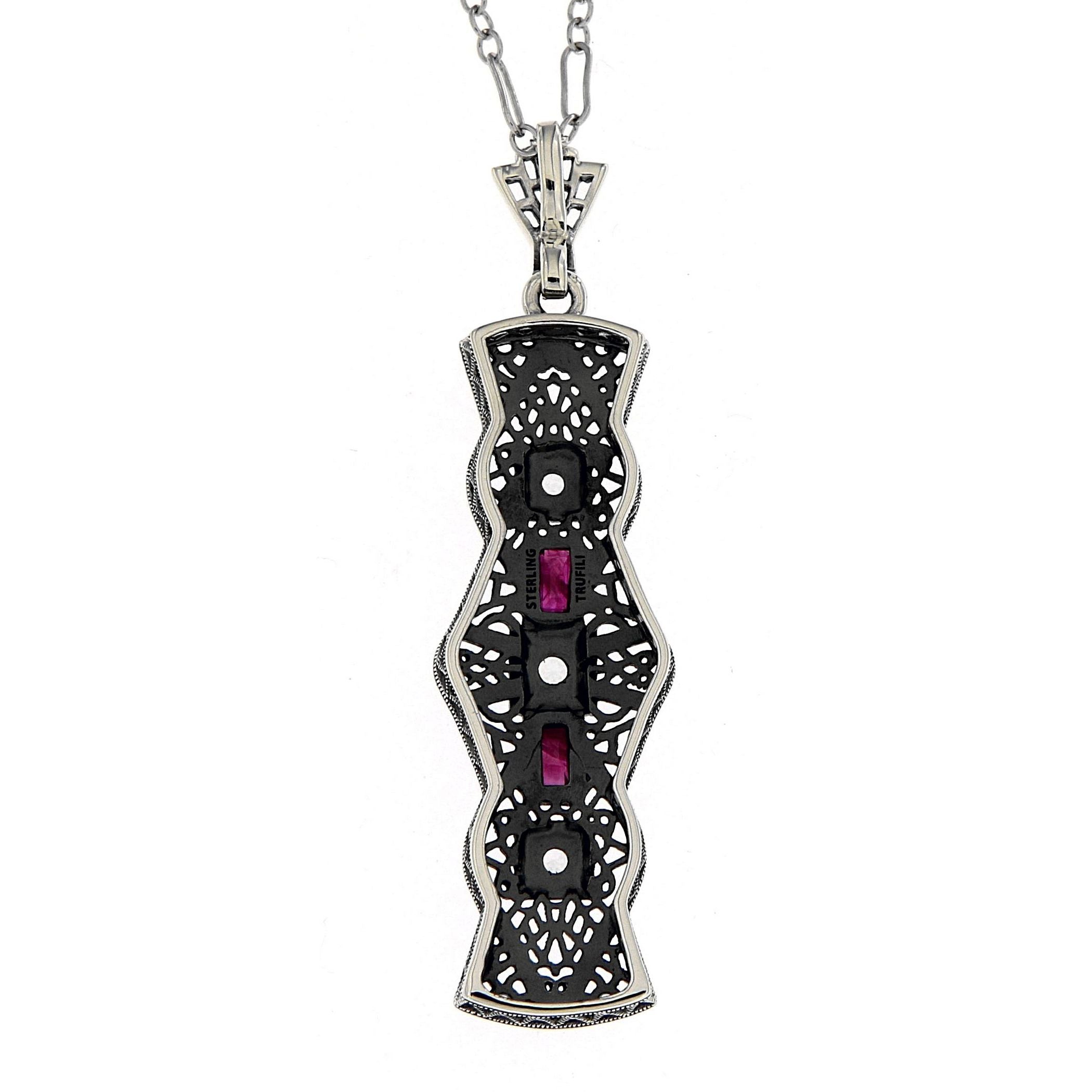 Back view of Art Deco Style Ruby and White Topaz Pendant - Sterling Silver with Chain showing 925 sterling silver hallmark an