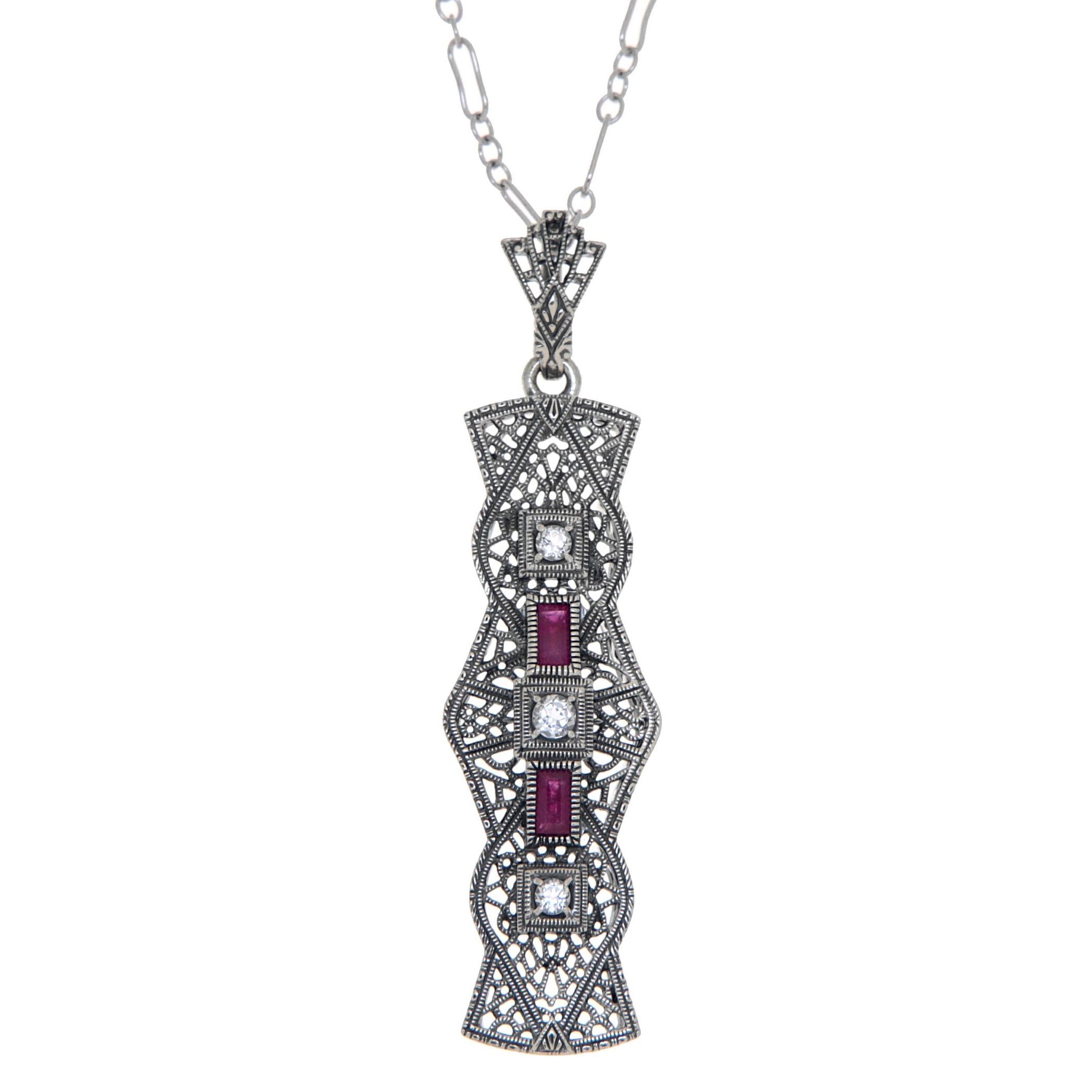 Art Deco style, White Topaz, Ruby, sterling silver pendants, front view