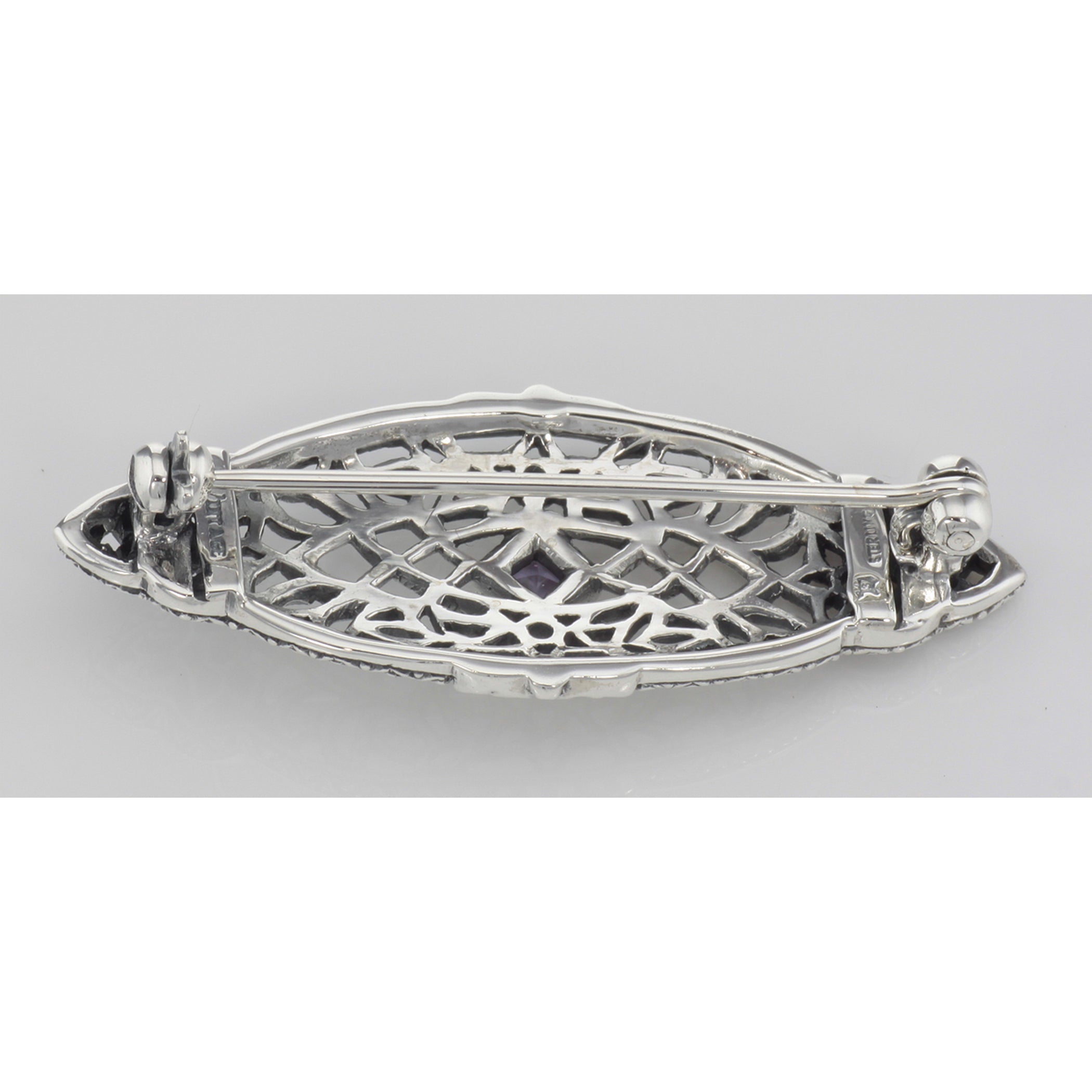 Back view of Antique Victorian Style Amethyst Pin / Brooch showing 925 sterling silver hallmark and pin back