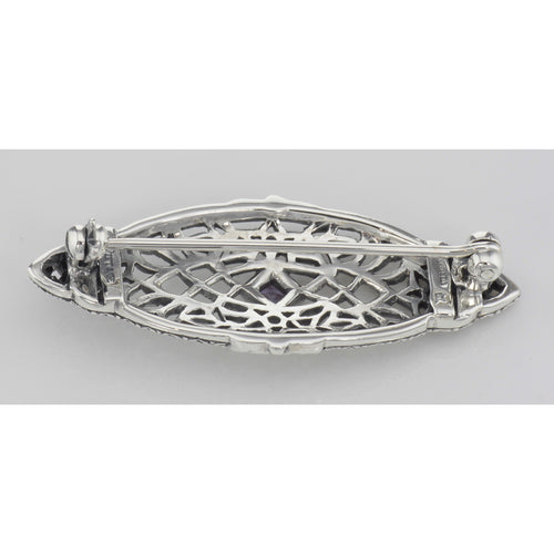 Back view of Antique Victorian Style Amethyst Pin / Brooch showing 925 sterling silver hallmark and pin back
