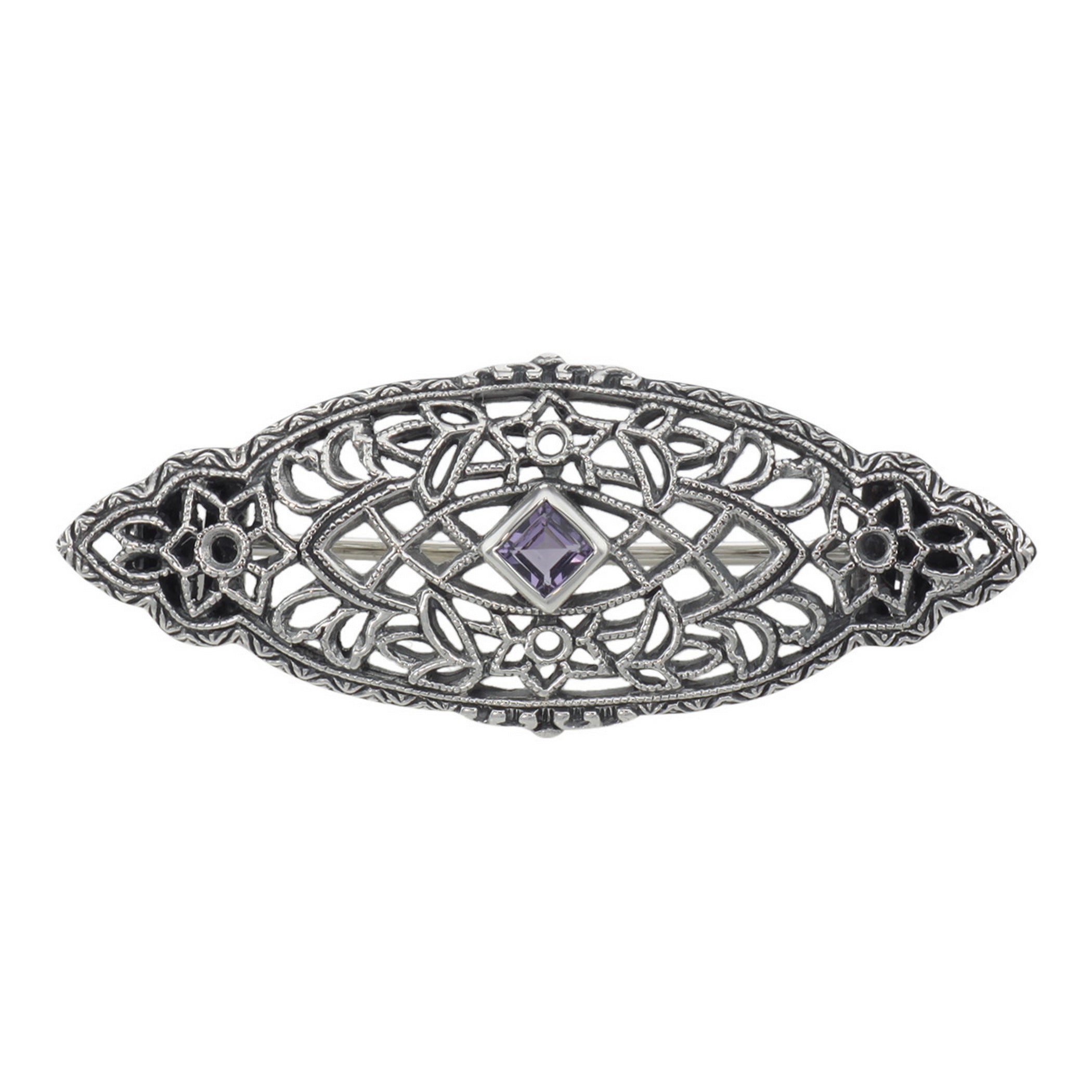 Victorian style, Amethyst, sterling silver brooches / pins, front view