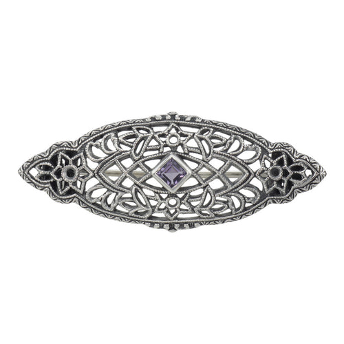 Victorian style, Amethyst, sterling silver brooches / pins, front view