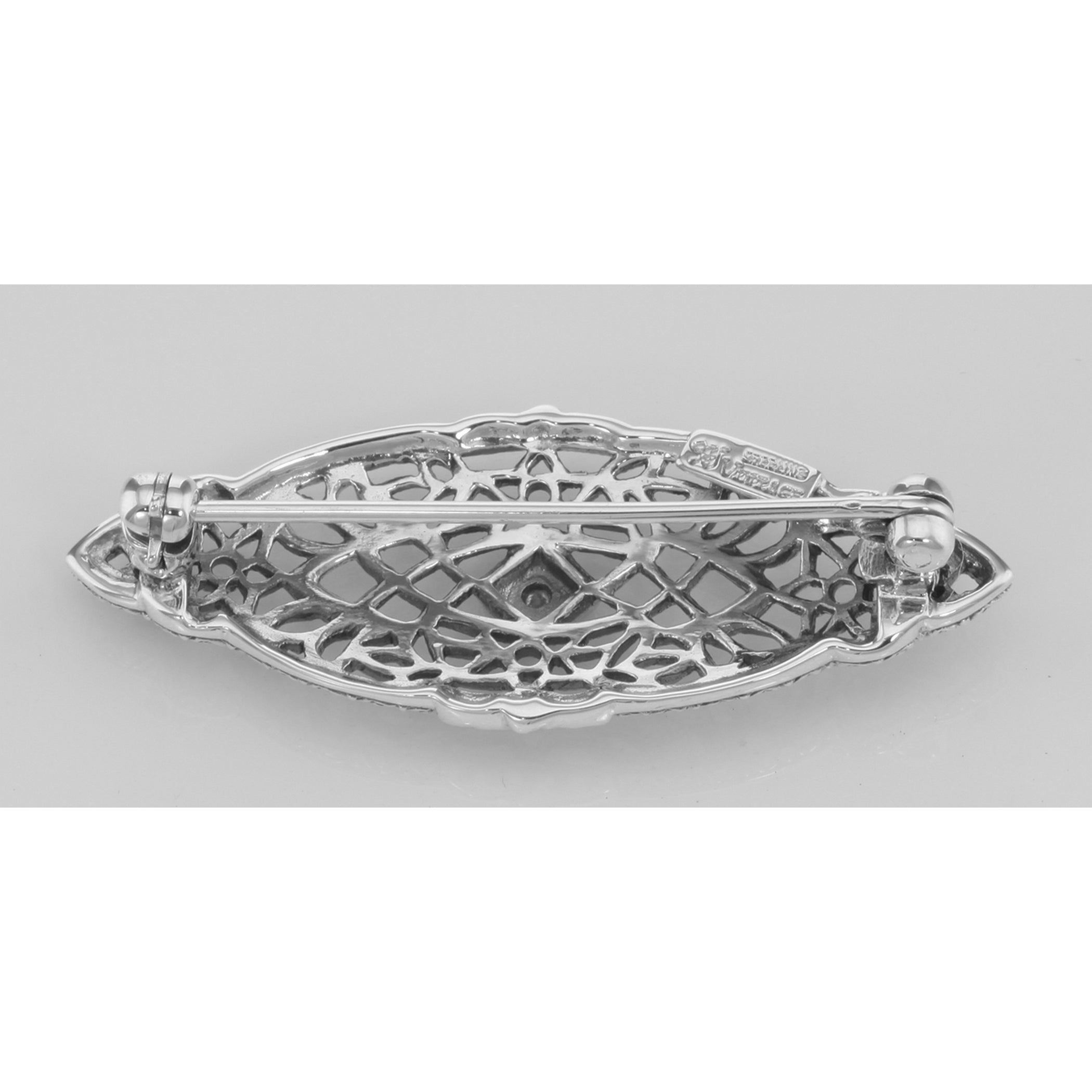 Back view of Antique Victorian Style Diamond Filigree Pin / Brooch Sterling Silver showing 925 sterling silver hallmark and p