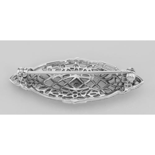 Back view of Antique Victorian Style Diamond Filigree Pin / Brooch Sterling Silver showing 925 sterling silver hallmark and p