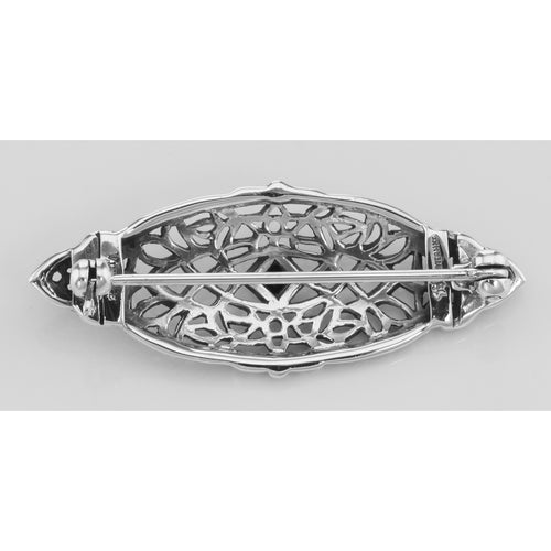 Back view of Antique Victorian Style Black Onyx Pin / Brooch showing 925 sterling silver hallmark and pin back