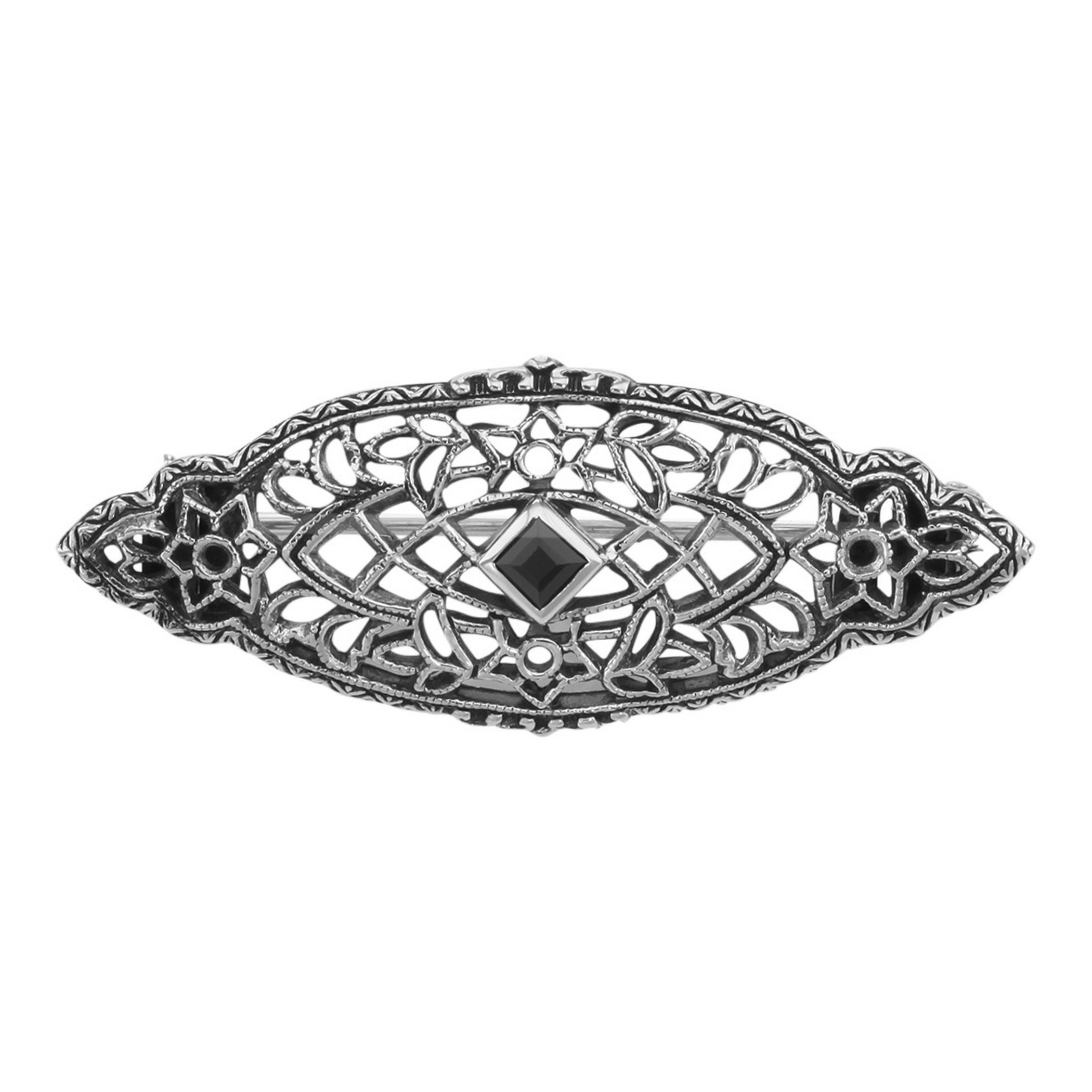 Victorian style, Black Onyx, Onyx, sterling silver brooches / pins, front view