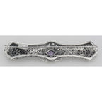 Back view of Art Deco Style Amethyst Filigree Bar Pin / Brooch showing 925 sterling silver hallmark and pin back