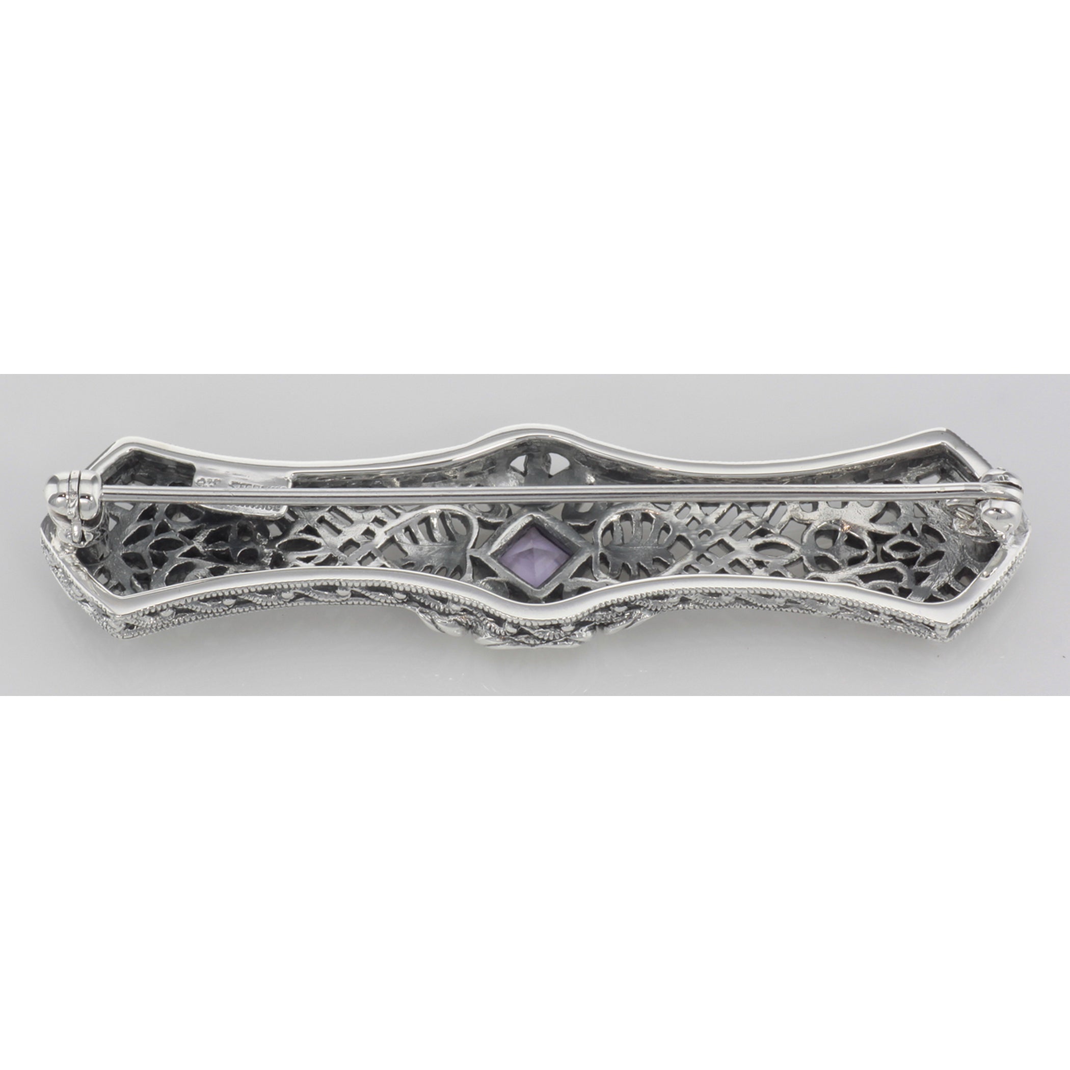 Back view of Art Deco Style Amethyst Filigree Bar Pin / Brooch showing 925 sterling silver hallmark and pin back