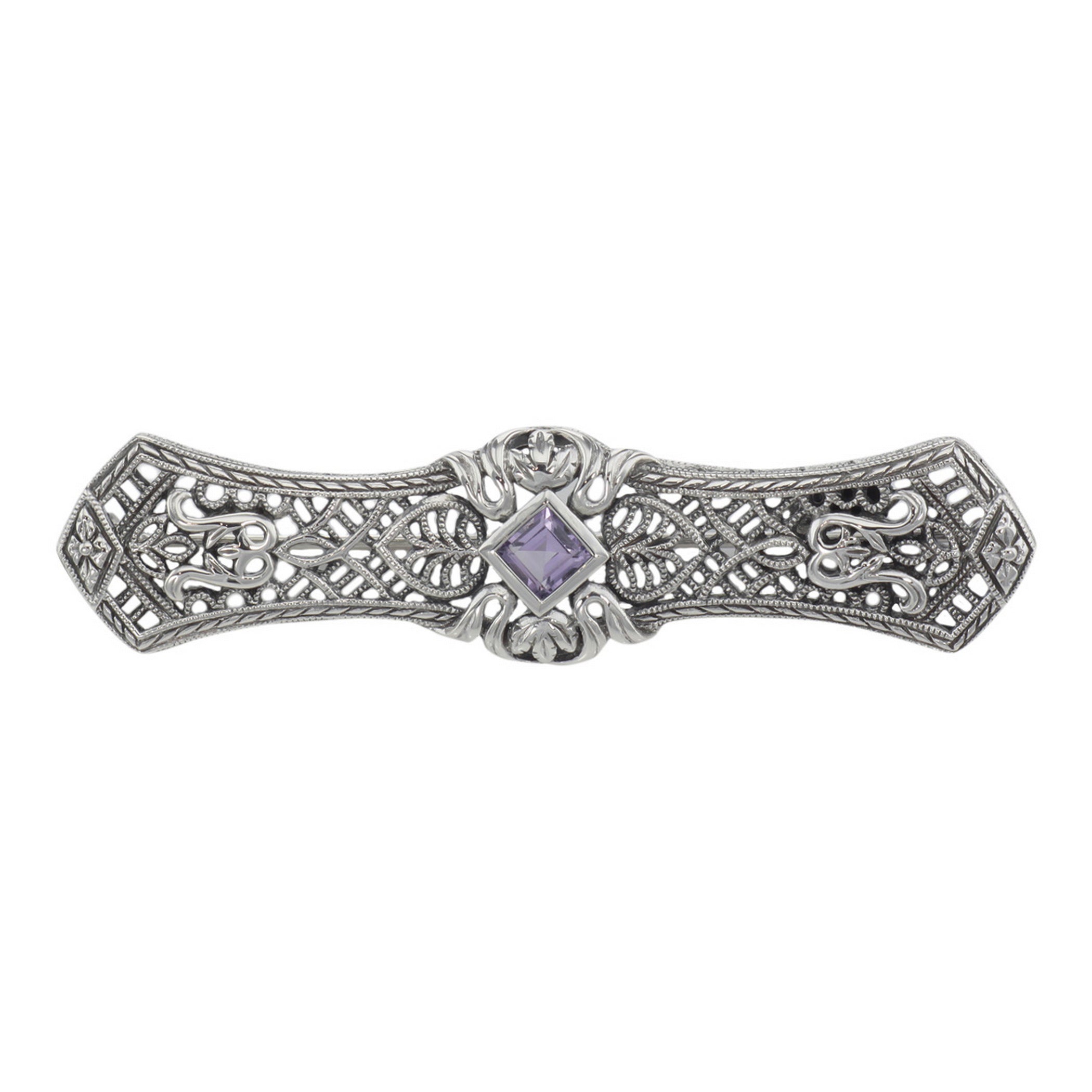 Art Deco style, Amethyst, sterling silver brooches / pins, front view
