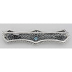 Back view of Art Deco Style Blue Topaz Filigree Bar Pin Brooch showing 925 sterling silver hallmark and pin back