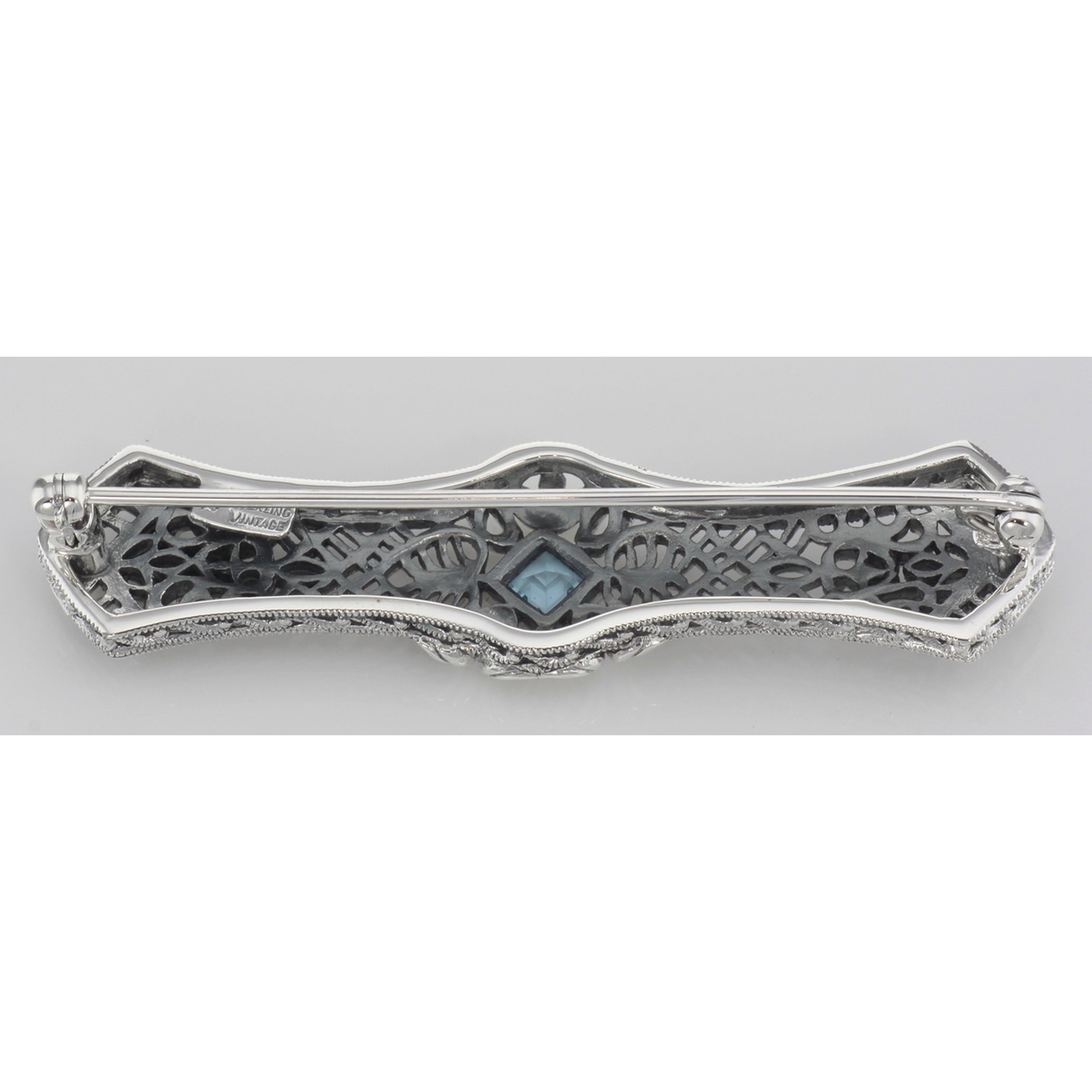 Back view of Art Deco Style Blue Topaz Filigree Bar Pin Brooch showing 925 sterling silver hallmark and pin back