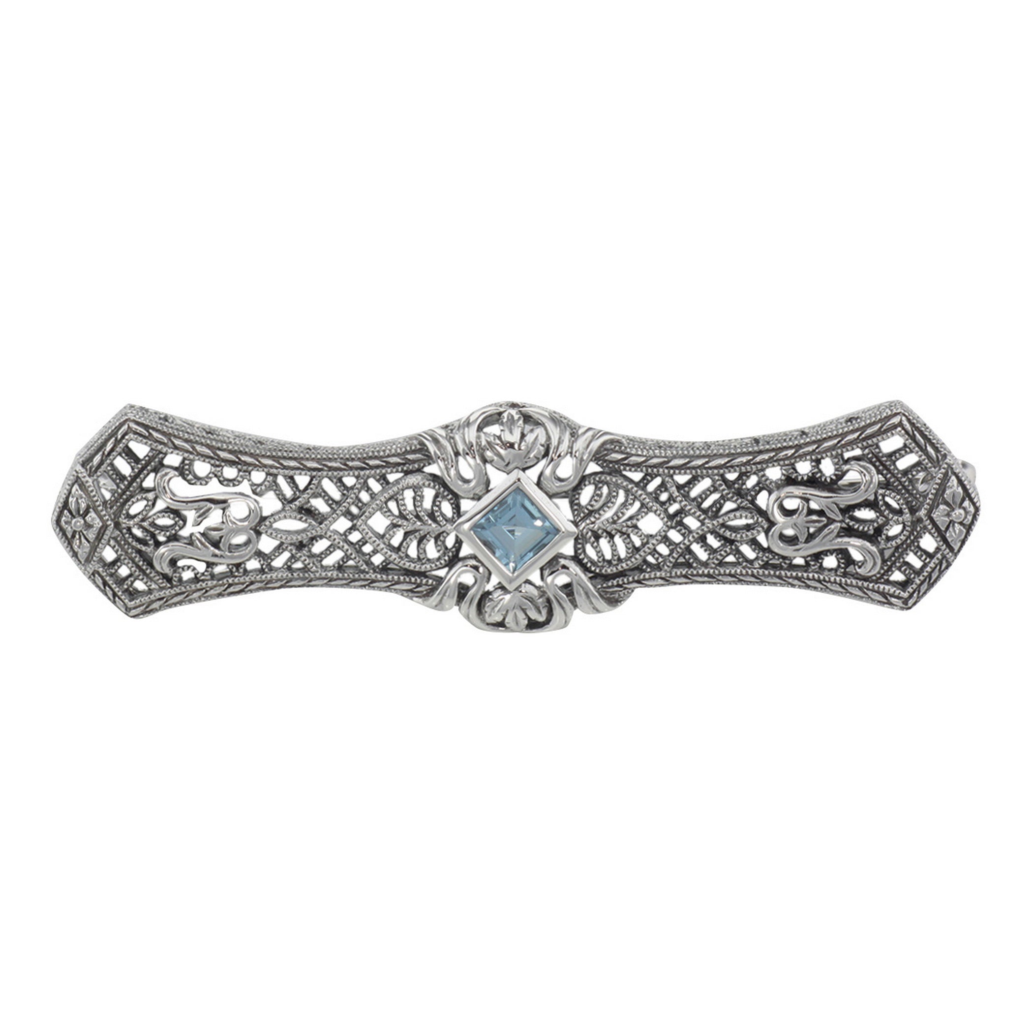 Art Deco style, Blue Topaz, sterling silver brooches / pins, front view
