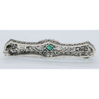 Back view of Art Deco Style Natural Emerald Filigree Bar Pin / Brooch showing 925 sterling silver hallmark and pin back