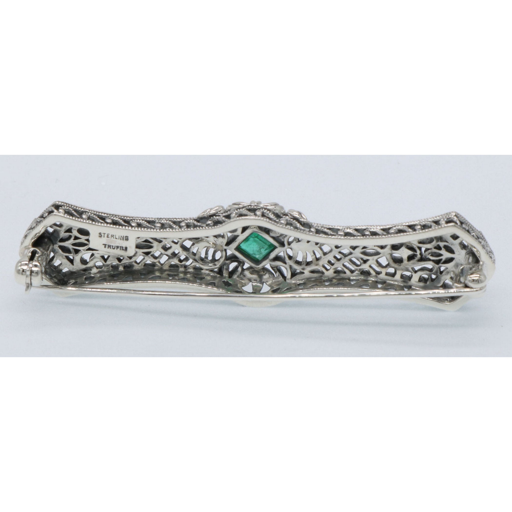 Back view of Art Deco Style Natural Emerald Filigree Bar Pin / Brooch showing 925 sterling silver hallmark and pin back
