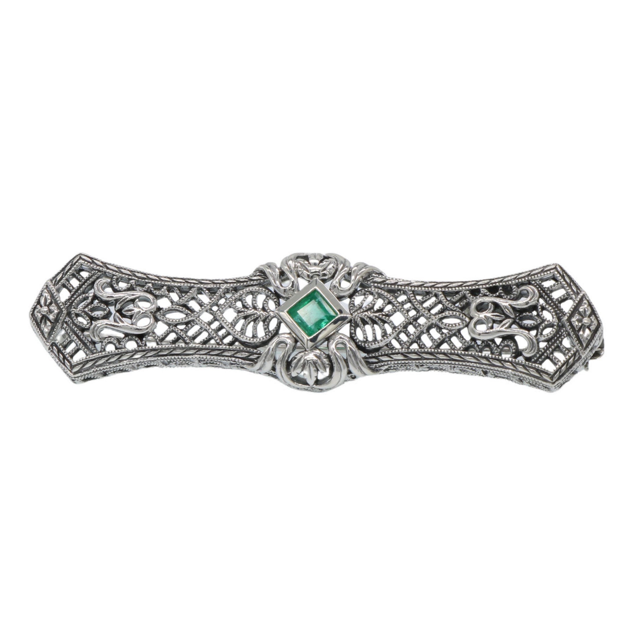 Art Deco style, Emerald, sterling silver brooches / pins, front view