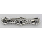 Back view of Art Deco Style Black Onyx Filigree Bar Pin / Brooch showing 925 sterling silver hallmark and pin back