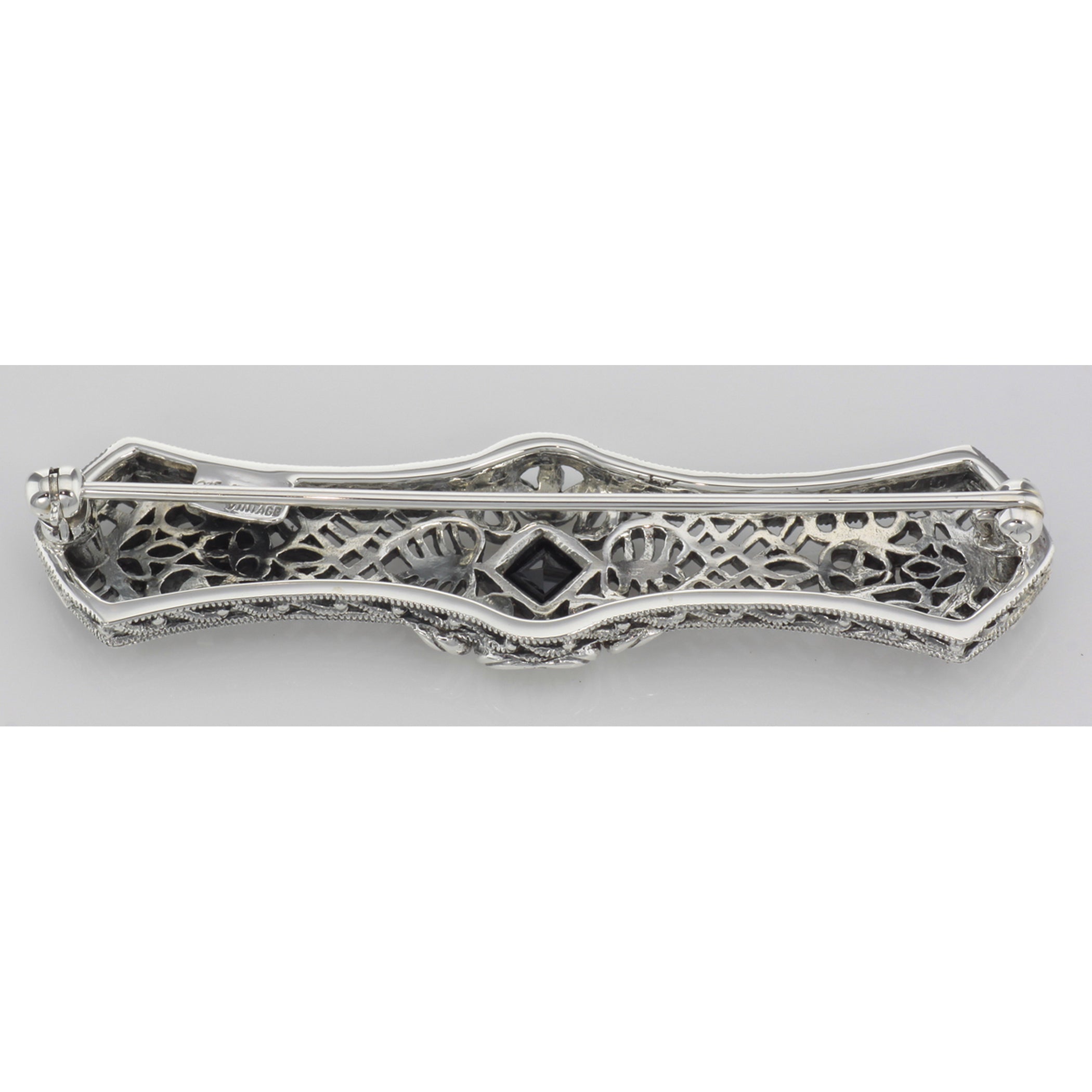 Back view of Art Deco Style Black Onyx Filigree Bar Pin / Brooch showing 925 sterling silver hallmark and pin back