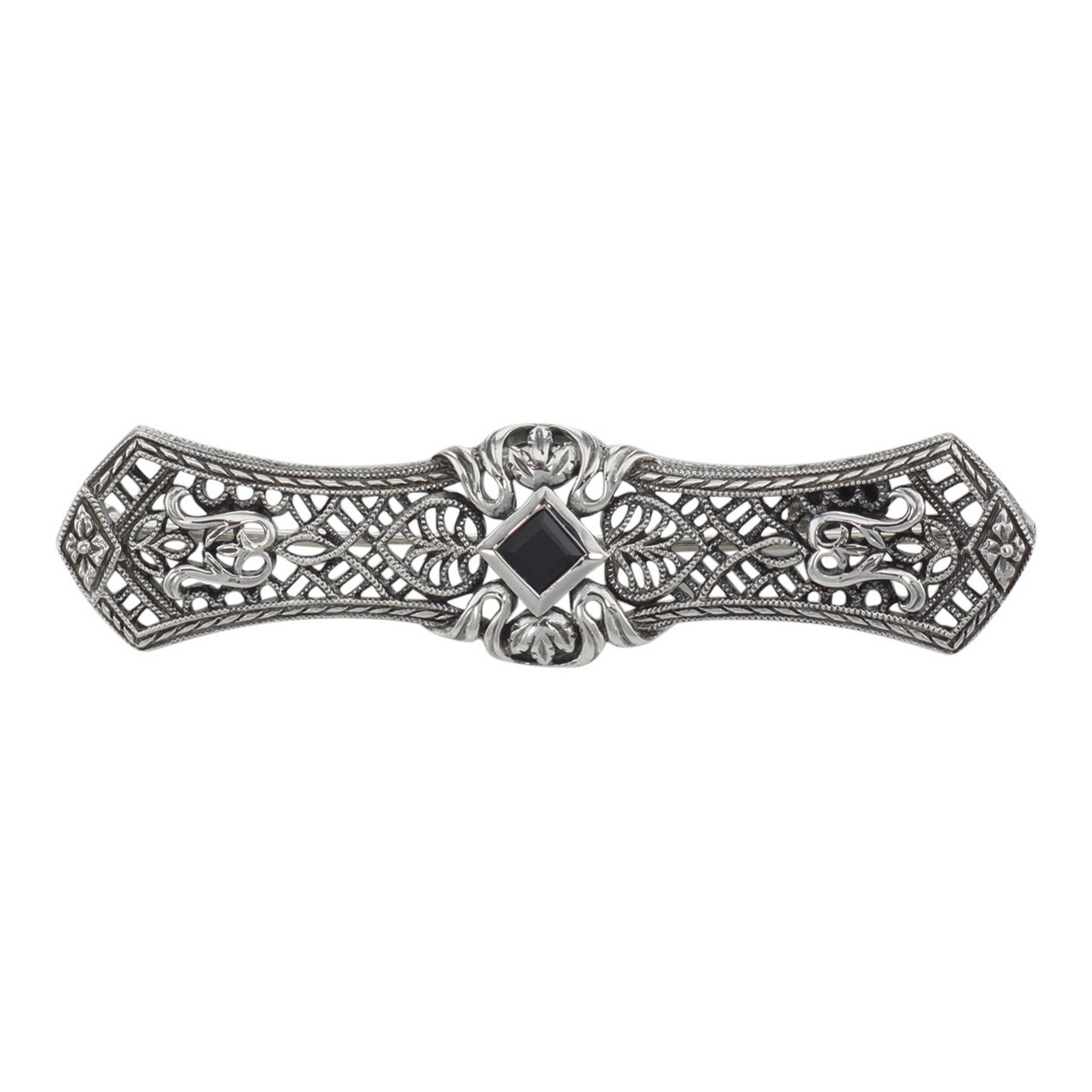 Art Deco style, Black Onyx, Onyx, sterling silver brooches / pins, front view
