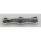 Back view of Art Deco Style Blue Sapphire Filigree Bar Pin / Brooch showing 925 sterling silver hallmark and pin back