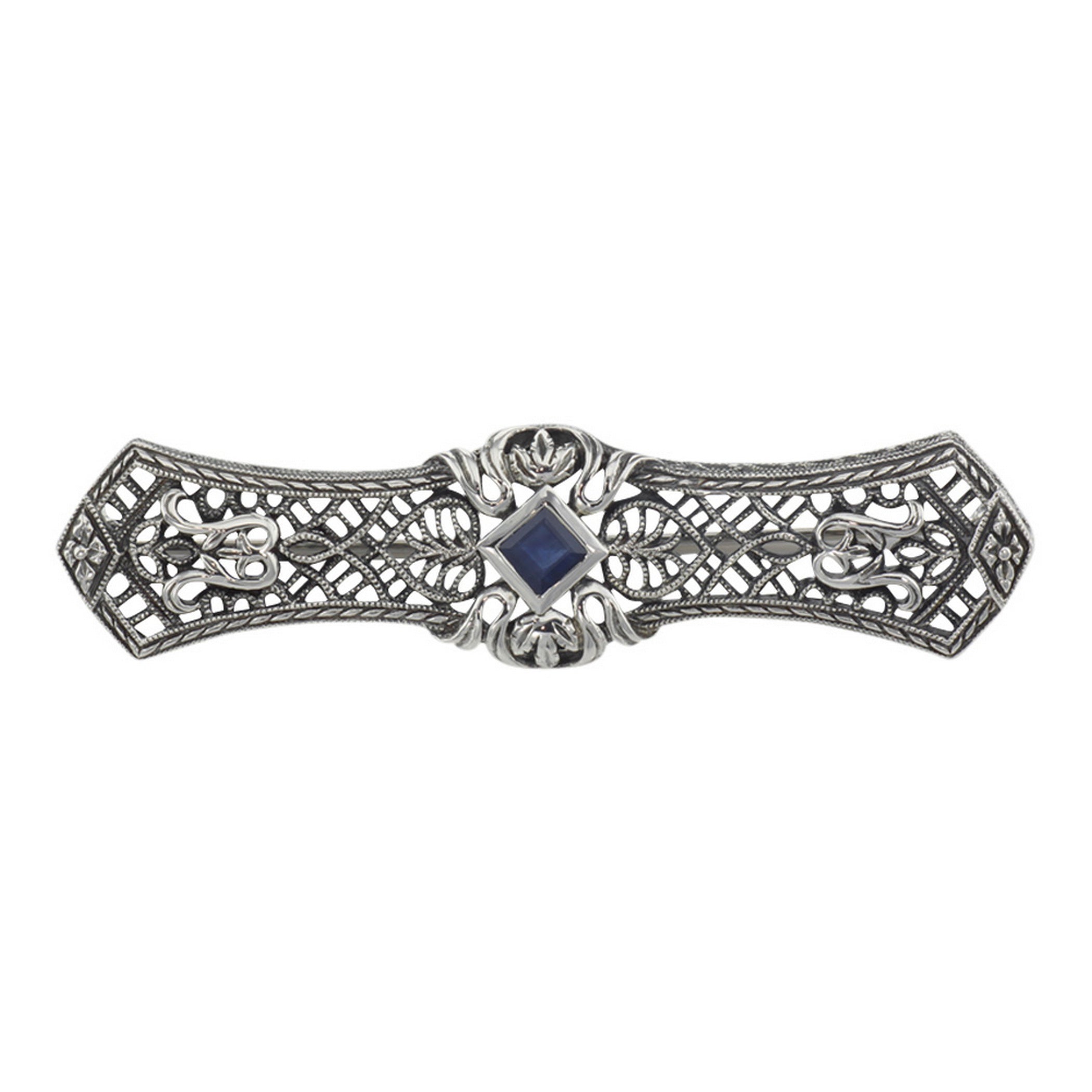 Art Deco style, Sapphire, sterling silver brooches / pins, front view